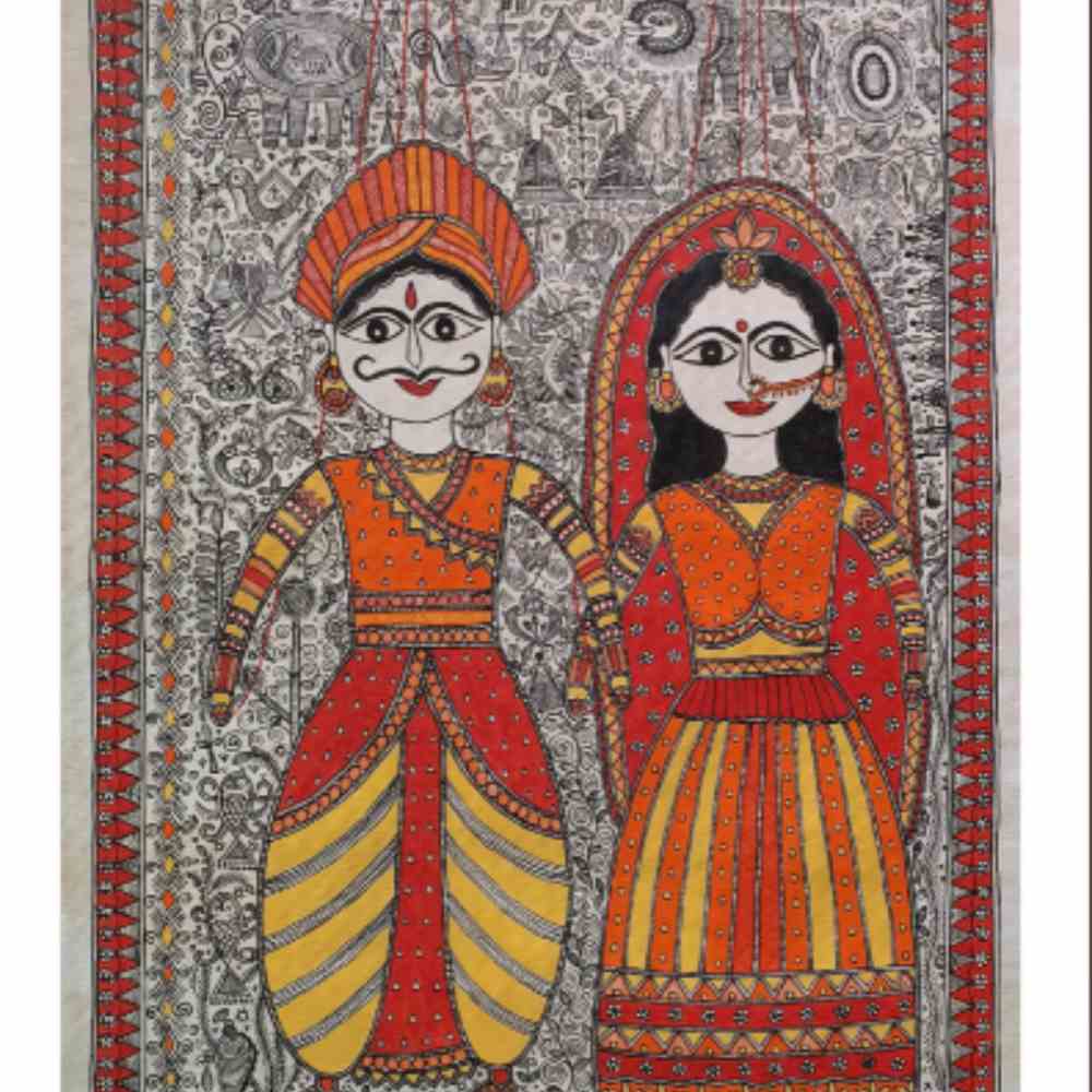 Tussar Saree with Madhubani Bride, Doli, and Kaahar Painting